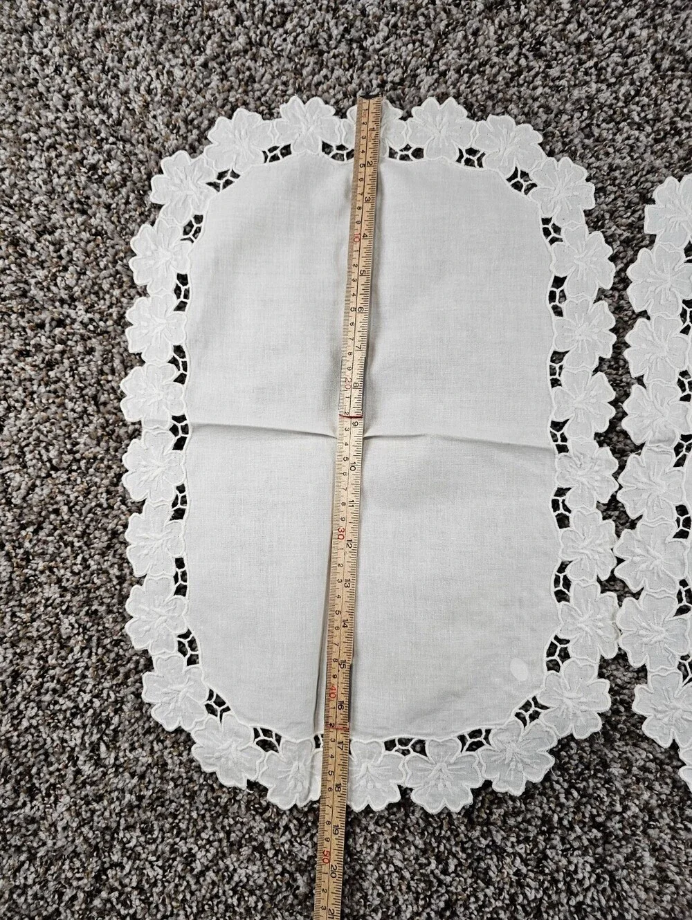 Set of 2 Vintage white cotton dresser scarves w/ cutwork embroidery Cottagecore